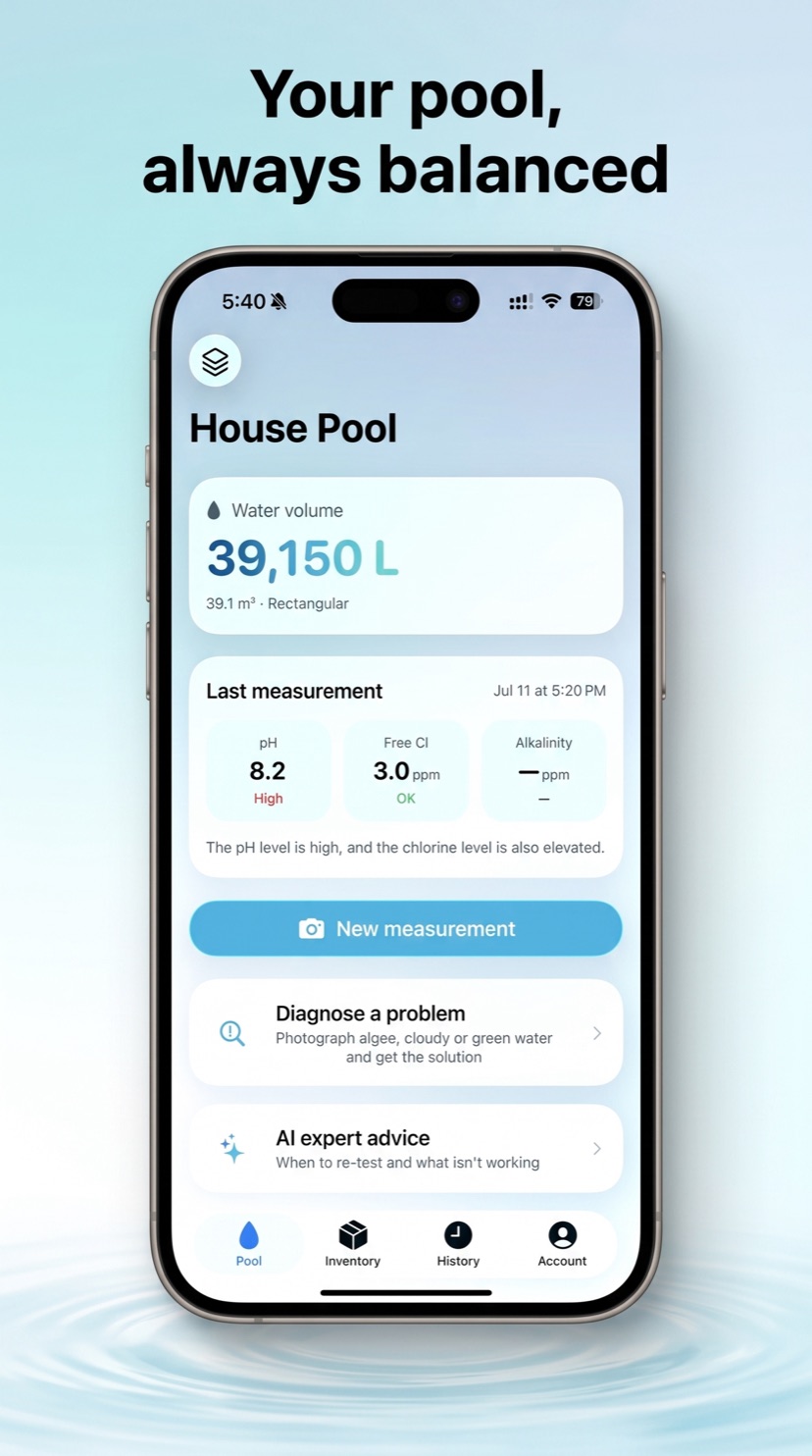 Aqualis home screen showing pool volume, latest pH, chlorine and alkalinity readings, and shortcuts to take a new measurement or diagnose a problem